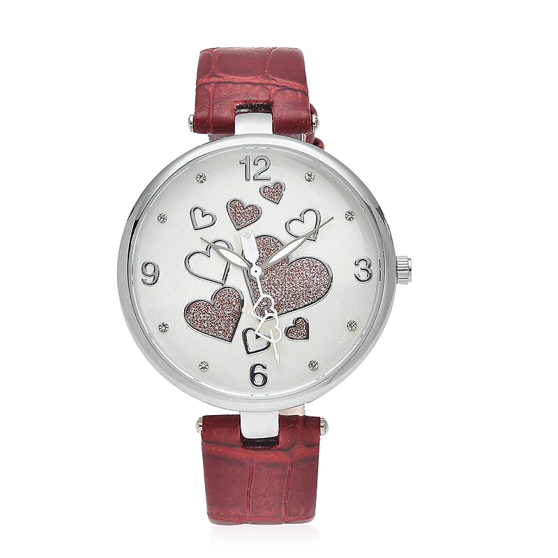 Strada Austrian Crystal Japanese Movement Watch in Goldtone with Red White Faux Leather Strap and Stainless Steel Back