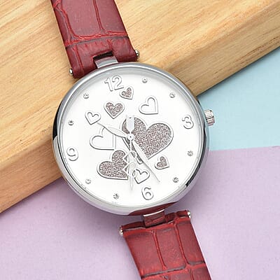 Strada Austrian Crystal Japanese Movement Watch in Goldtone with Red White Faux Leather Strap and Stainless Steel Back