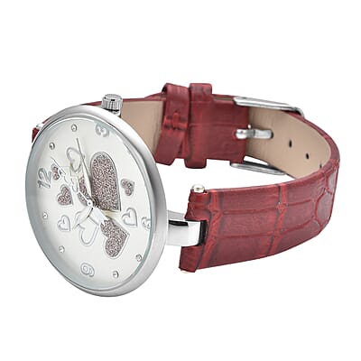 Strada Austrian Crystal Japanese Movement Watch in Goldtone with Red White Faux Leather Strap and Stainless Steel Back