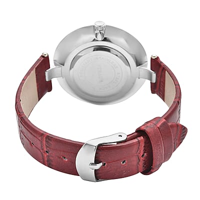 Strada Austrian Crystal Japanese Movement Watch in Goldtone with Red White Faux Leather Strap and Stainless Steel Back