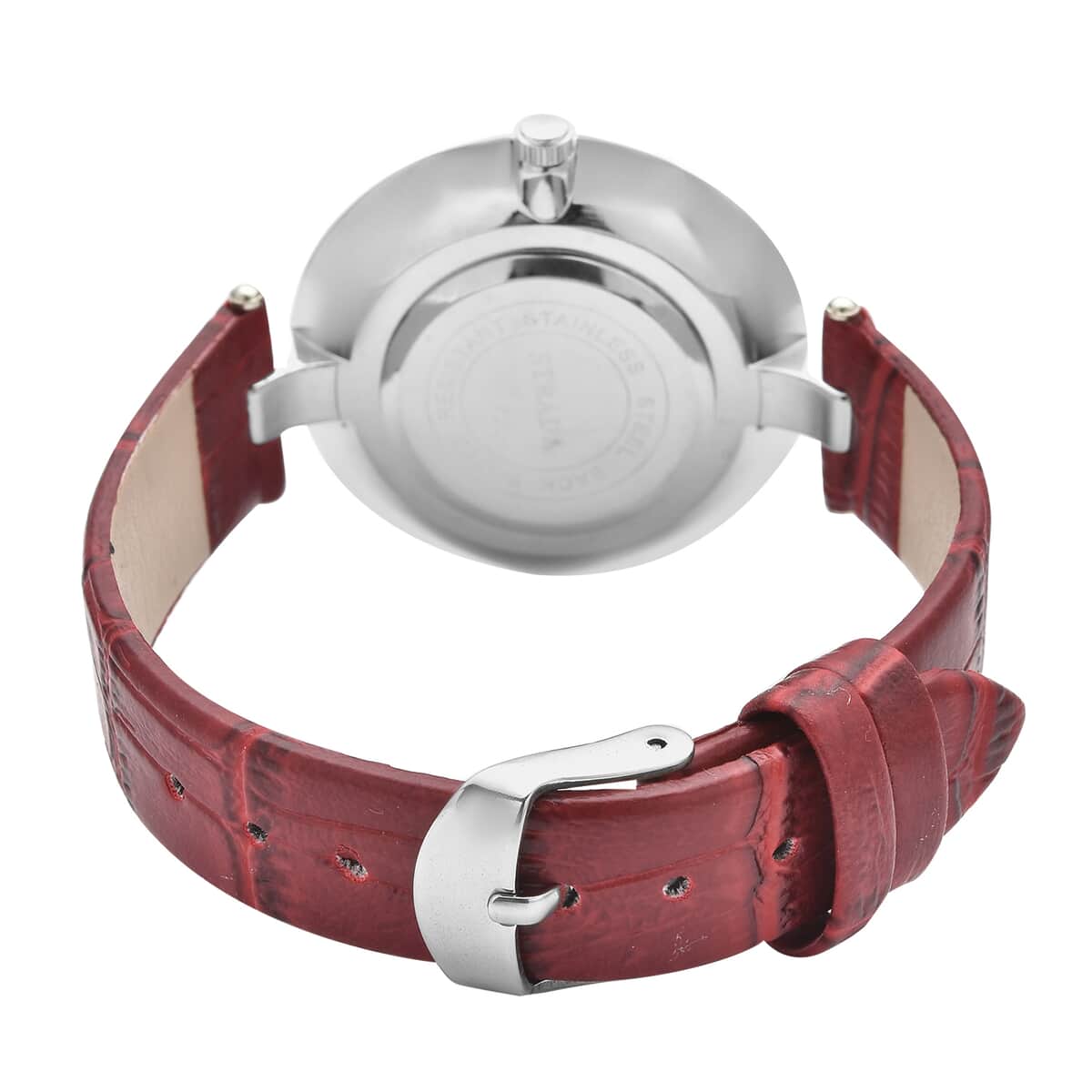 Strada Austrian Crystal Japanese Movement Watch in Goldtone with Red White Faux Leather Strap and Stainless Steel Back image number 5