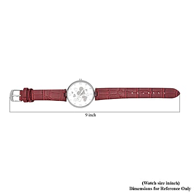 Strada Austrian Crystal Japanese Movement Watch in Goldtone with Red White Faux Leather Strap and Stainless Steel Back