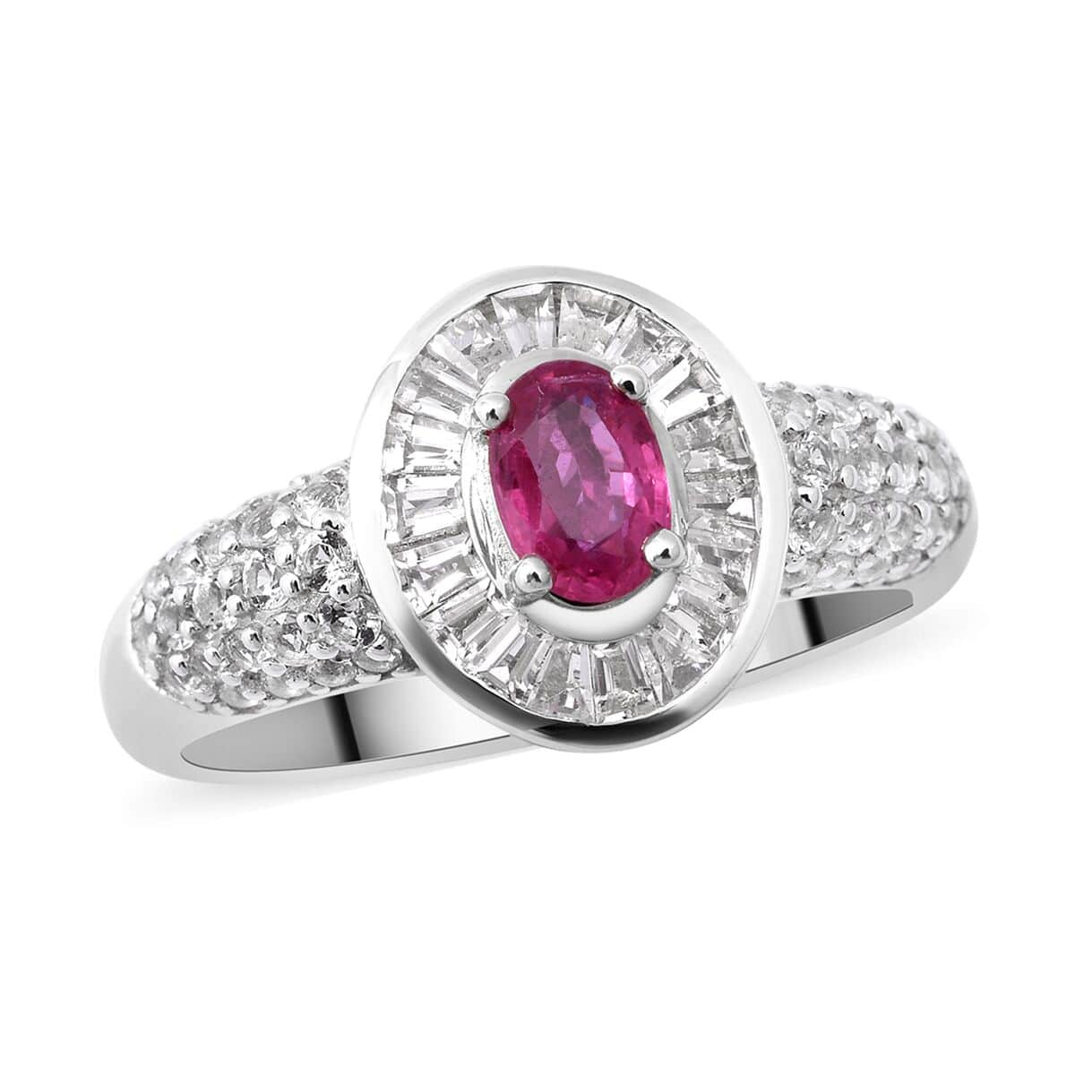 Premium Mozambique Ruby and White Topaz Halo Ring in Platinum Over Sterling Silver (Size 6.0) 1.75 ctw image number 0