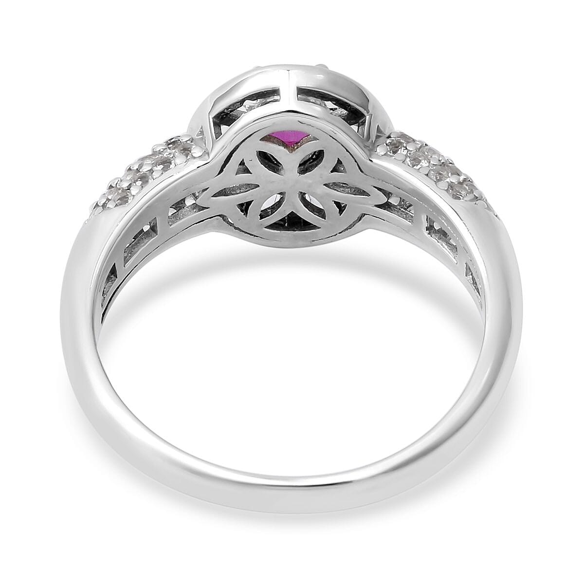 Premium Mozambique Ruby and White Topaz Halo Ring in Platinum Over Sterling Silver (Size 7.0) 1.75 ctw