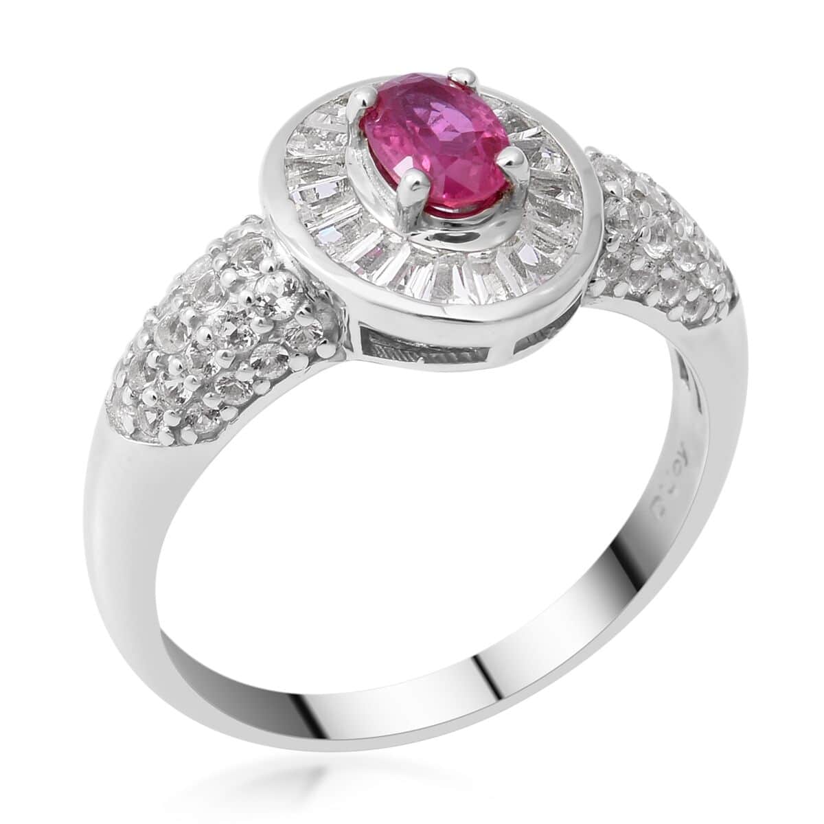 Premium Mozambique Ruby and White Topaz Halo Ring in Platinum Over Sterling Silver (Size 8.0) 1.75 ctw image number 2