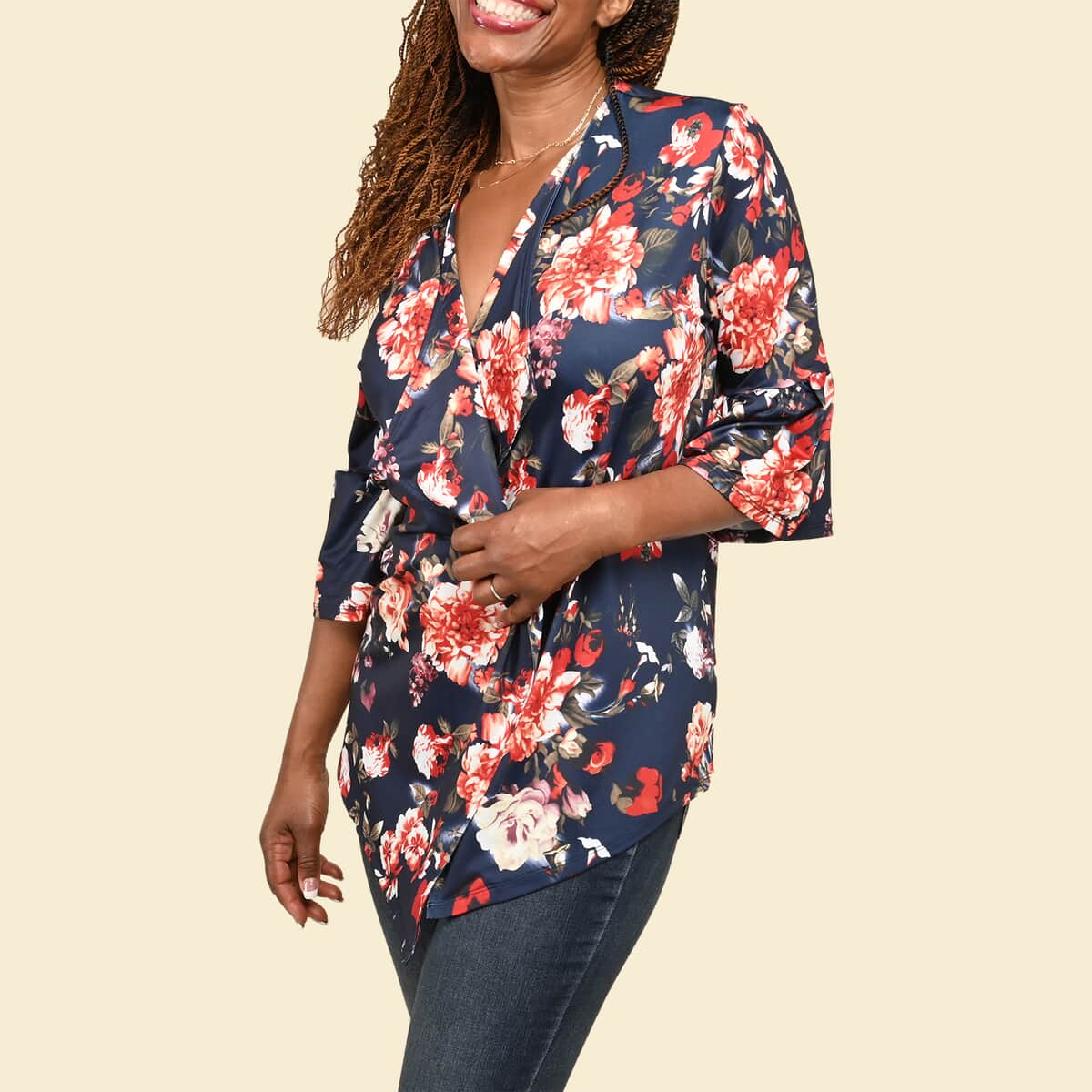 Tamsy Navy Floral Drape Jacket - 1X image number 3