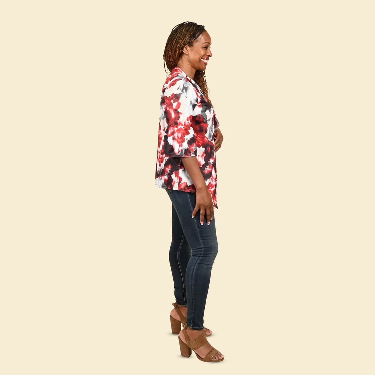 Tamsy Neutral and Red Floral Drape Jacket - Small image number 2