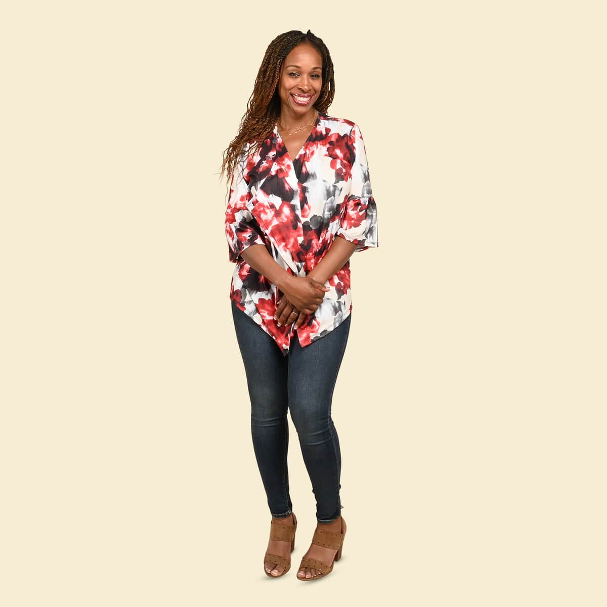 Tamsy Neutral and Red Floral Drape Jacket - 1X image number 0