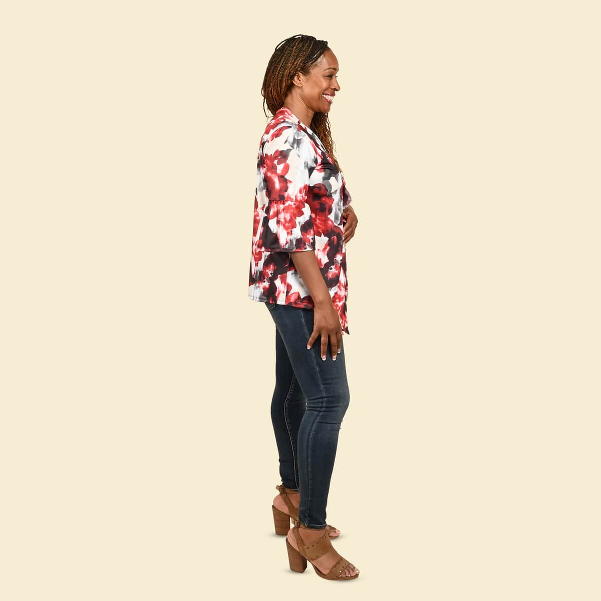Tamsy Neutral and Red Floral Drape Jacket - 1X image number 2