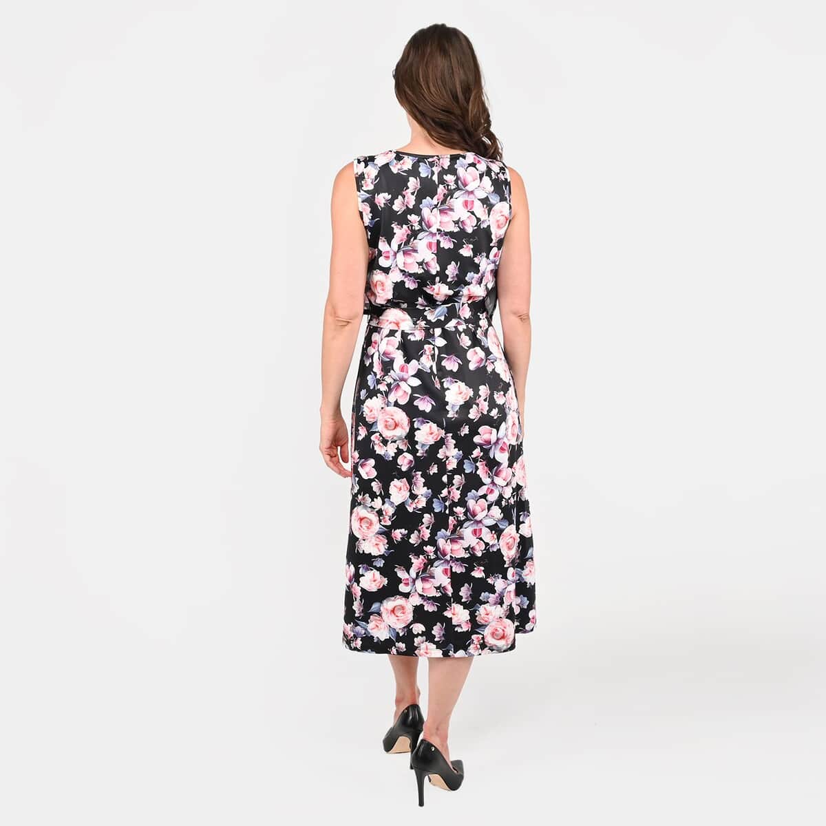 Tamsy Black Floral Sleeveless Dress with Waist Tie - L image number 1