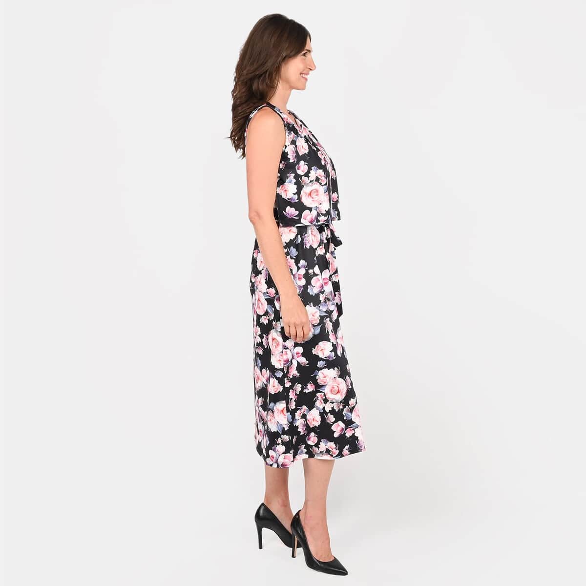 Tamsy Black Floral Sleeveless Dress with Waist Tie - L image number 2