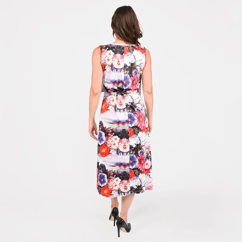 Tamsy White Floral Sleeveless Dress with Waist Tie - XL