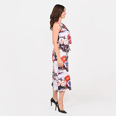 Tamsy White Floral Sleeveless Dress with Waist Tie - XL