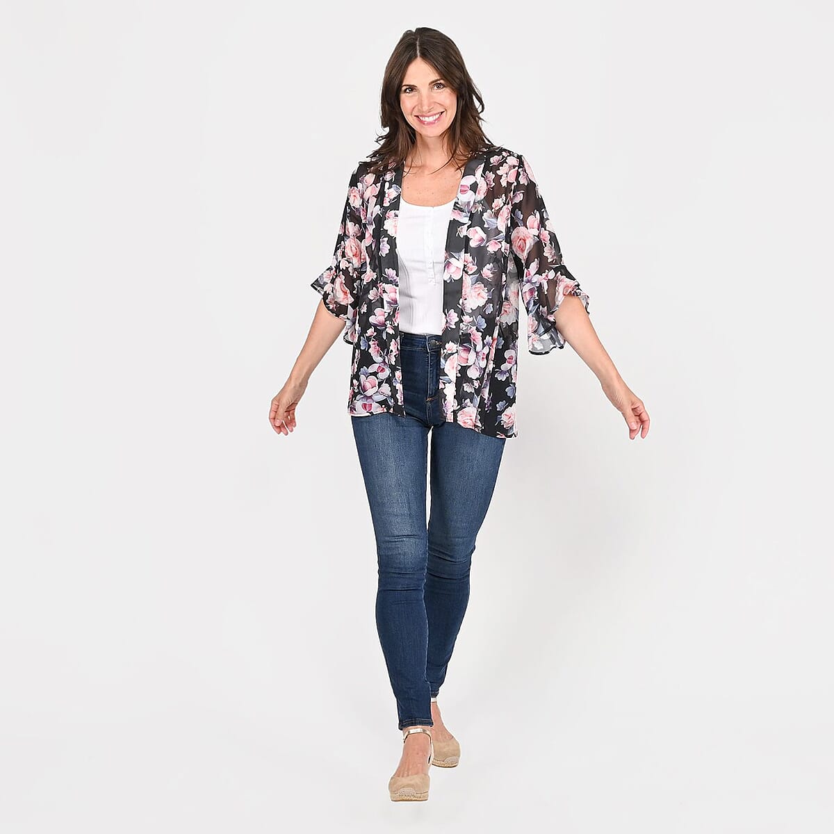 TAMSY Black Floral Flounce Kimono - L image number 0