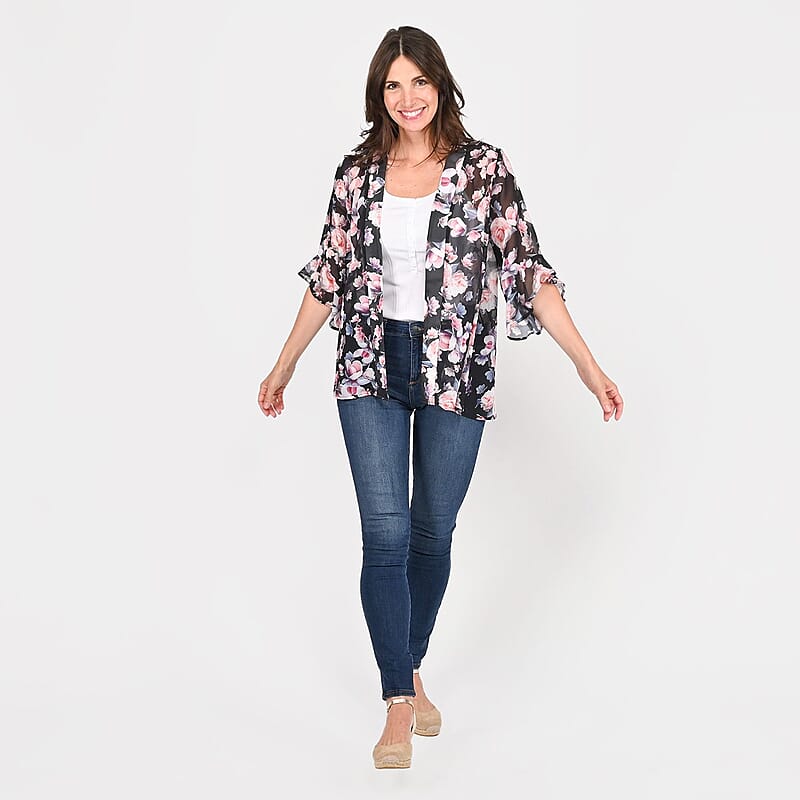 Tamsy Black Floral Flounce Kimono - L