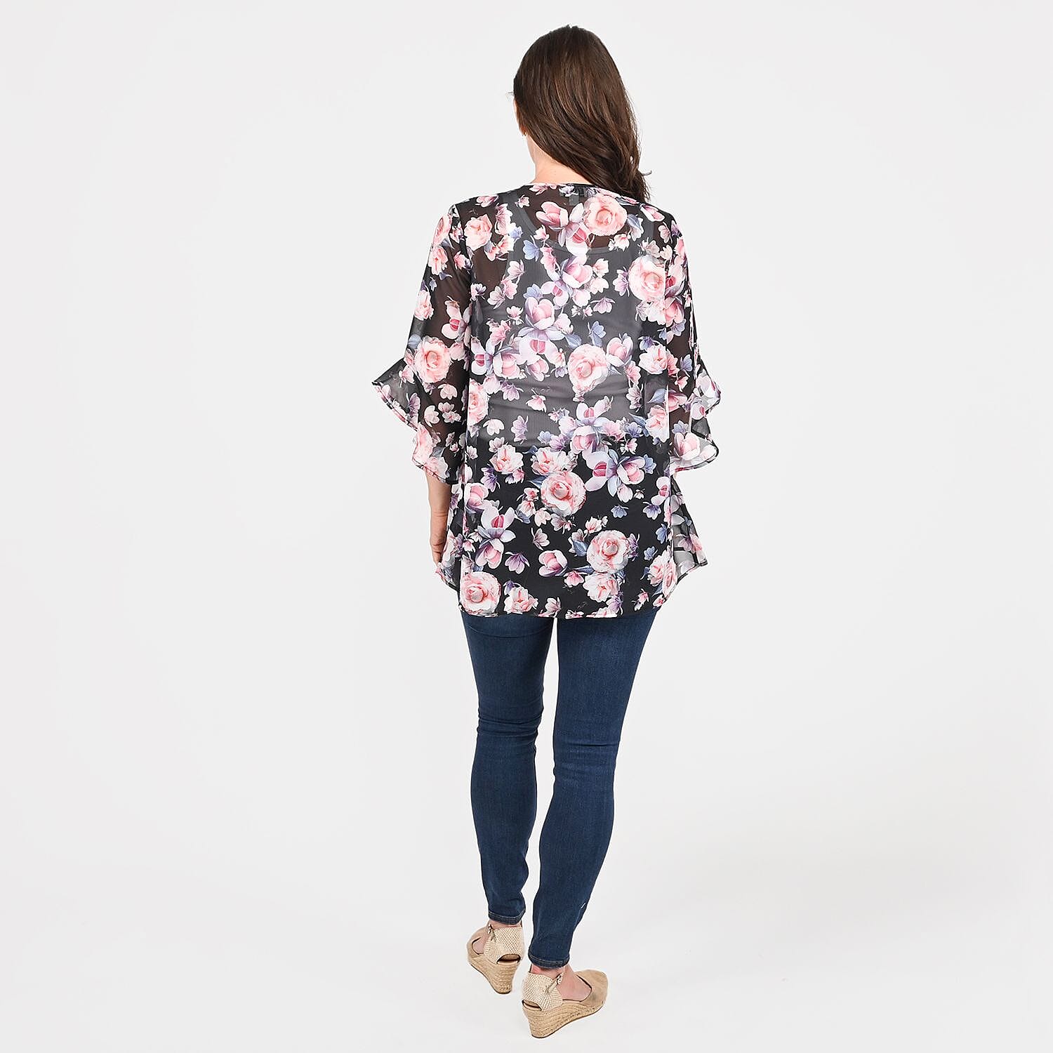 Tamsy Black Floral Flounce Kimono - L