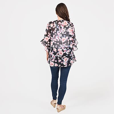 Tamsy Black Floral Flounce Kimono - L