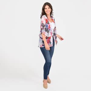 Tamsy White Floral Flounce Kimono - L