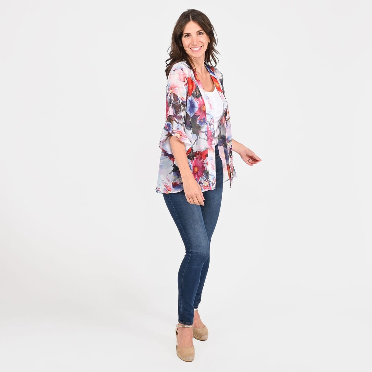 Tamsy White Floral Flounce Kimono - L image number 0