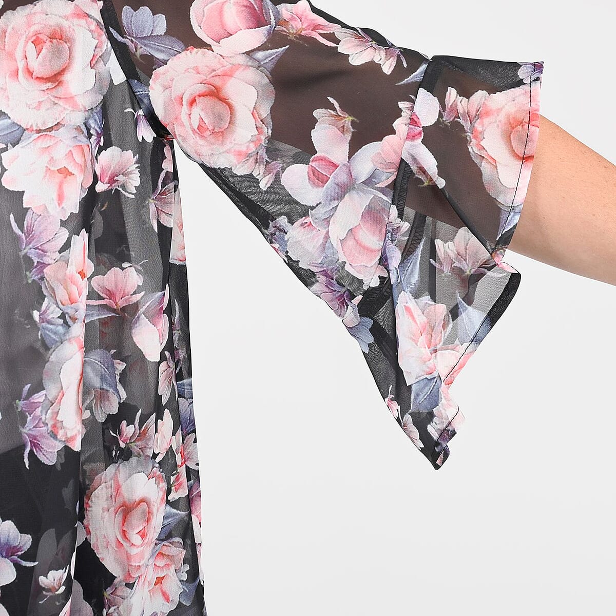 Tamsy Black Floral Flounce Kimono - M image number 4