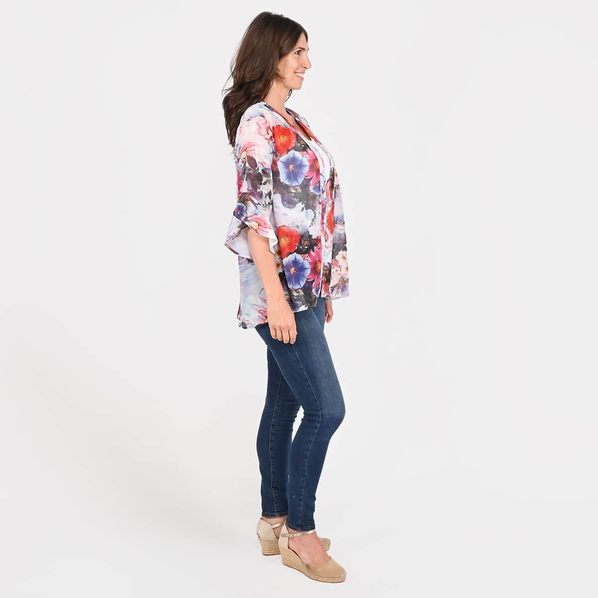 Tamsy White Floral Flounce Kimono - M image number 2