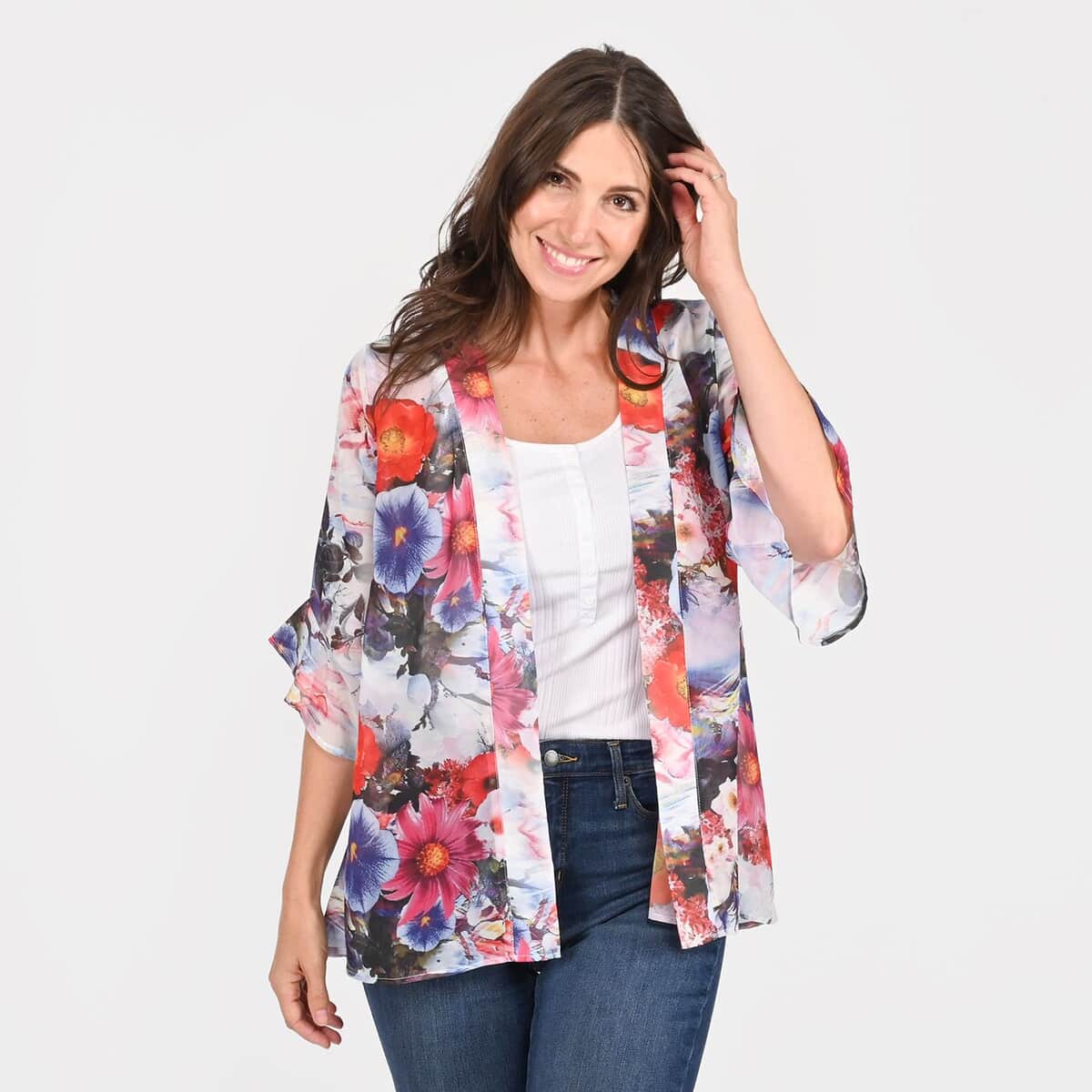 Tamsy White Floral Flounce Kimono - M image number 3