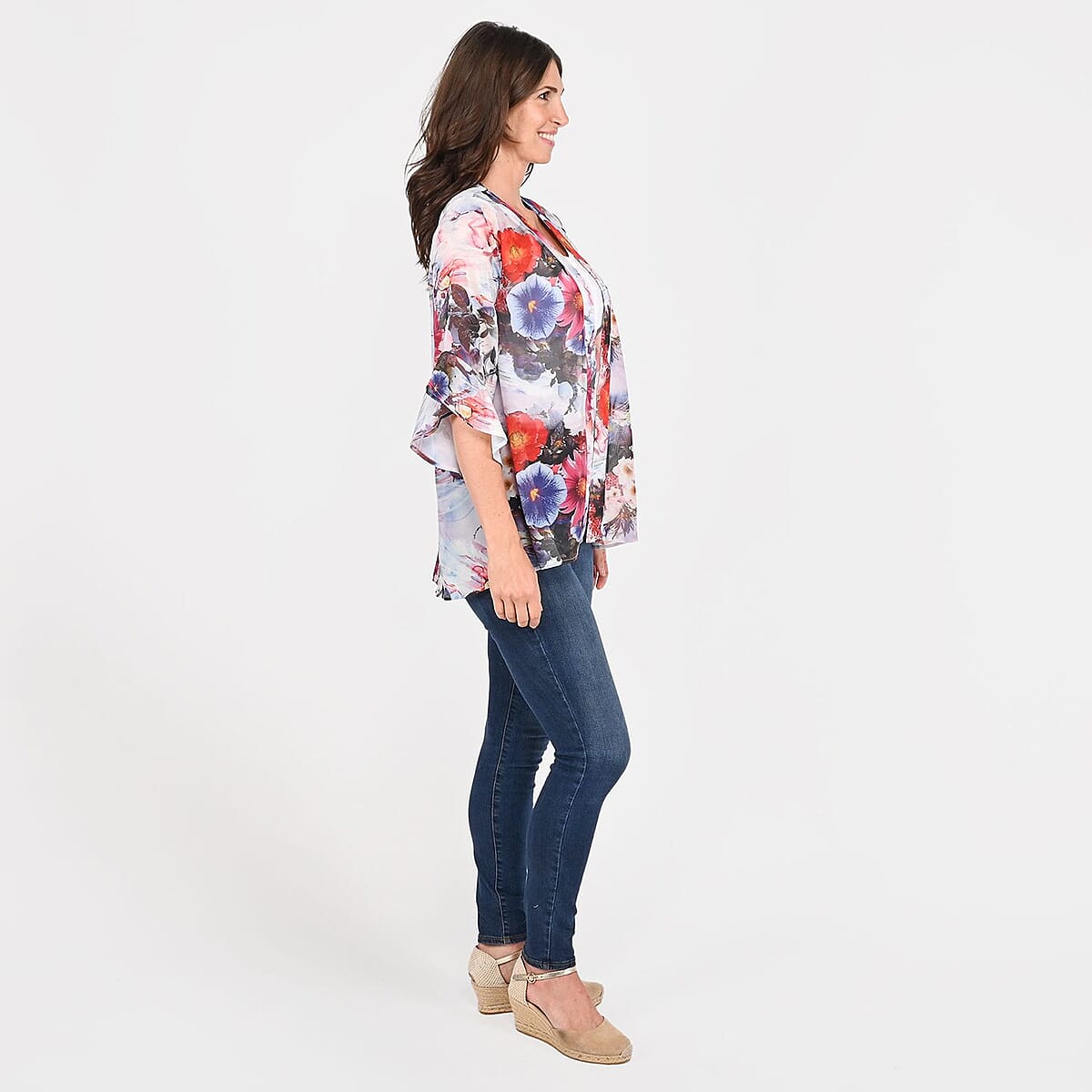 Tamsy White Floral Flounce Kimono - S image number 2