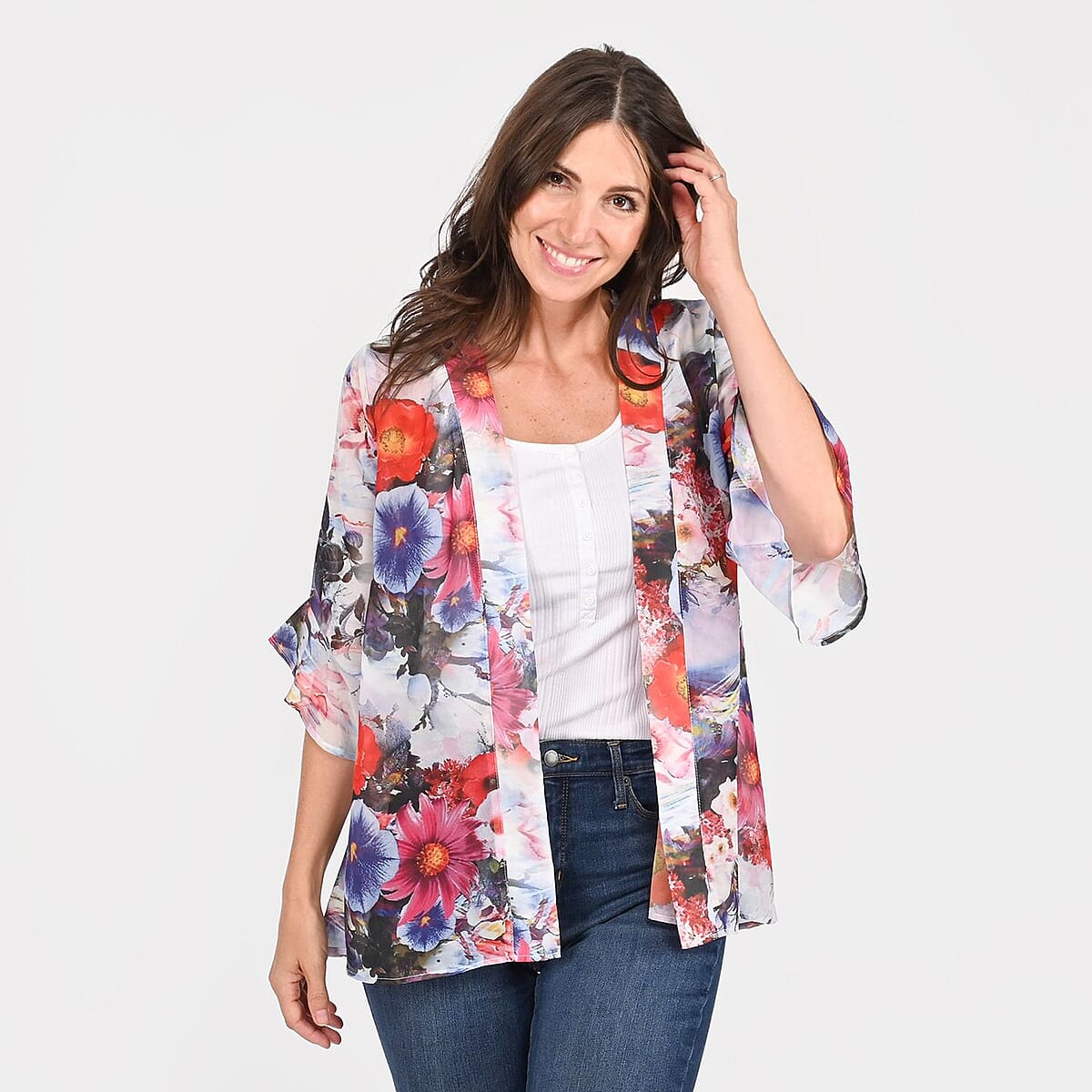 Tamsy White Floral Flounce Kimono - S image number 3