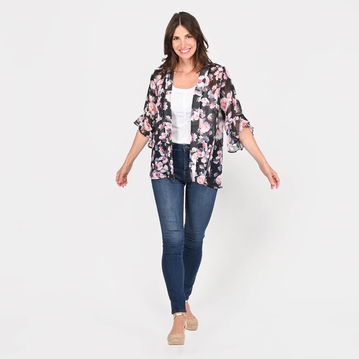 Tamsy Black Floral Flounce Kimono - XL image number 0