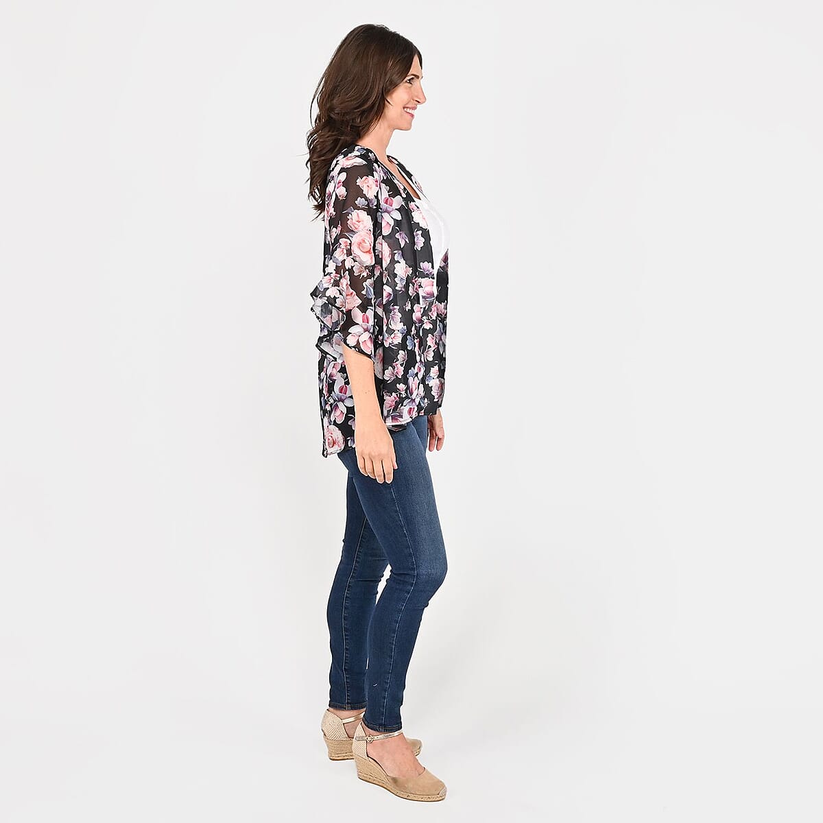 Tamsy Black Floral Flounce Kimono - 3X image number 2