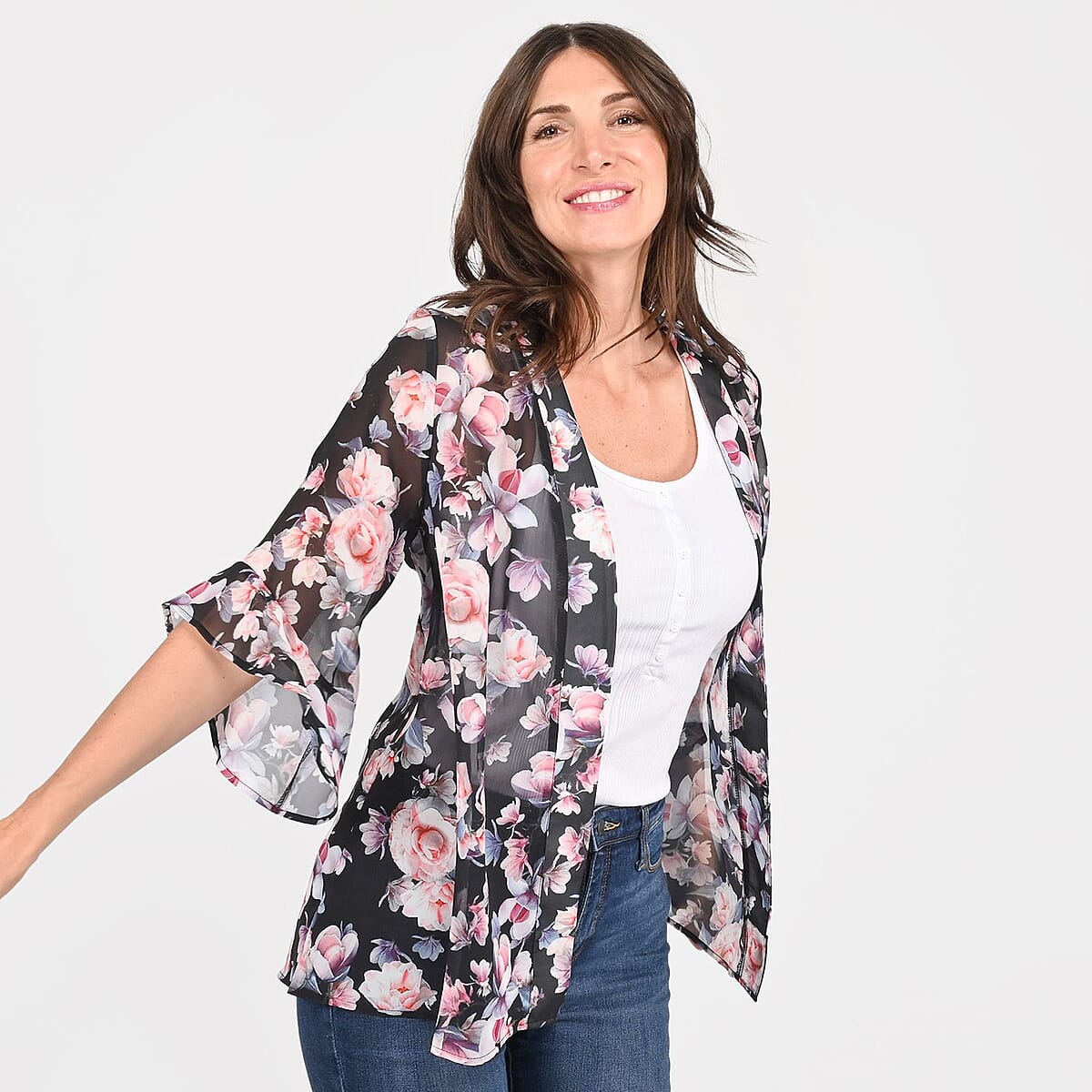Tamsy Black Floral Flounce Kimono - 3X image number 3
