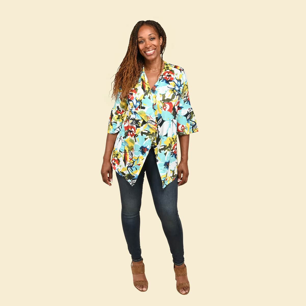 Tamsy Mint and Yellow Tropical Floral Drape Jacket - 1X image number 0