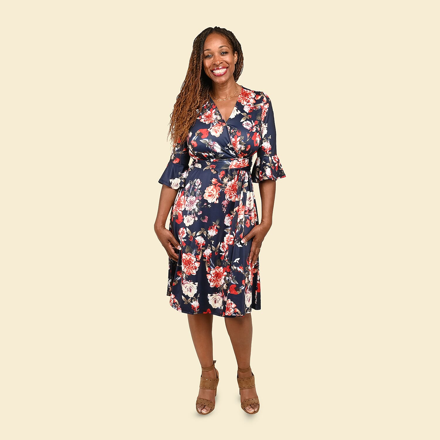 Tamsy Navy and Red Floral Wrap Dress - Small