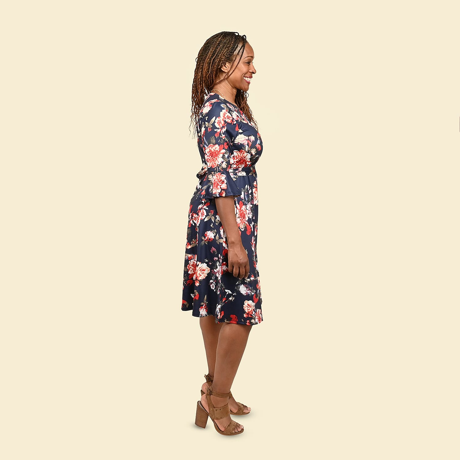 Tamsy Navy and Red Floral Wrap Dress - Small