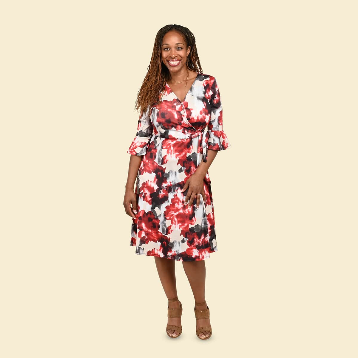 Tamsy Neutral and Red Floral Wrap Dress - Large image number 0