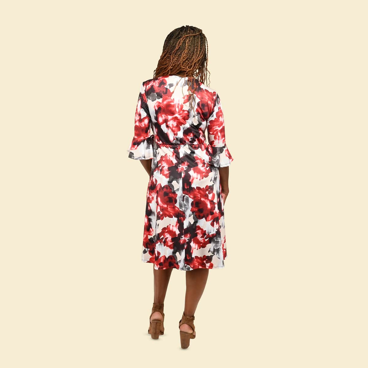 Tamsy Neutral and Red Floral Wrap Dress - Large image number 1