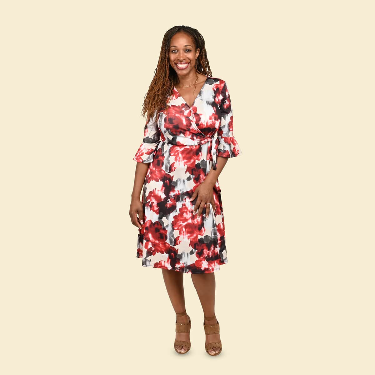 Tamsy Neutral and Red Floral Wrap Dress - XL image number 0