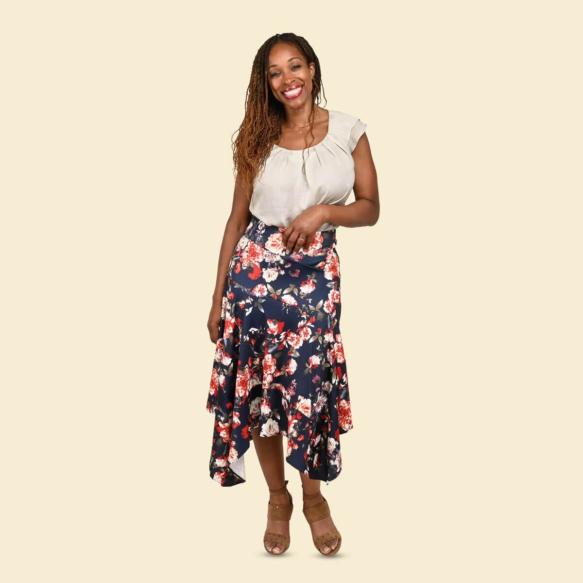 Tamsy Navy and Red Floral Midi Skirt - Large image number 0