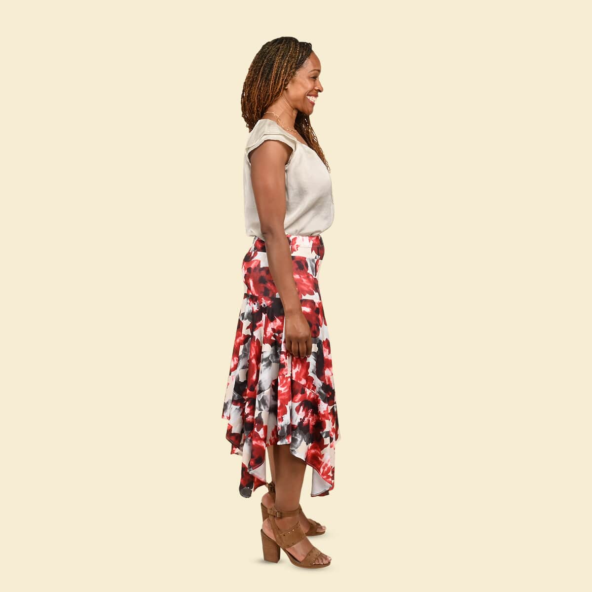 Tamsy Neutral and Red Floral Midi Skirt - XL image number 2