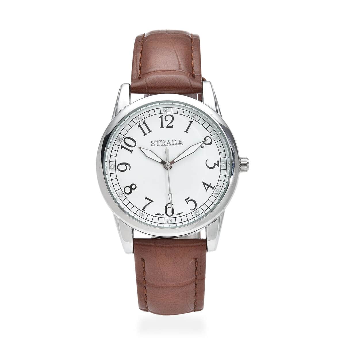 Strada Simulated Diamond Japanese Movement Watch with Brown Faux Leather Strap (36mm) (7.75-9.00Inches) image number 0