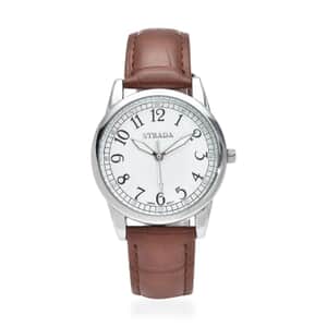 Strada Simulated Diamond Japanese Movement Watch with Brown Faux Leather Strap (36mm) (7.75-9.00Inches)