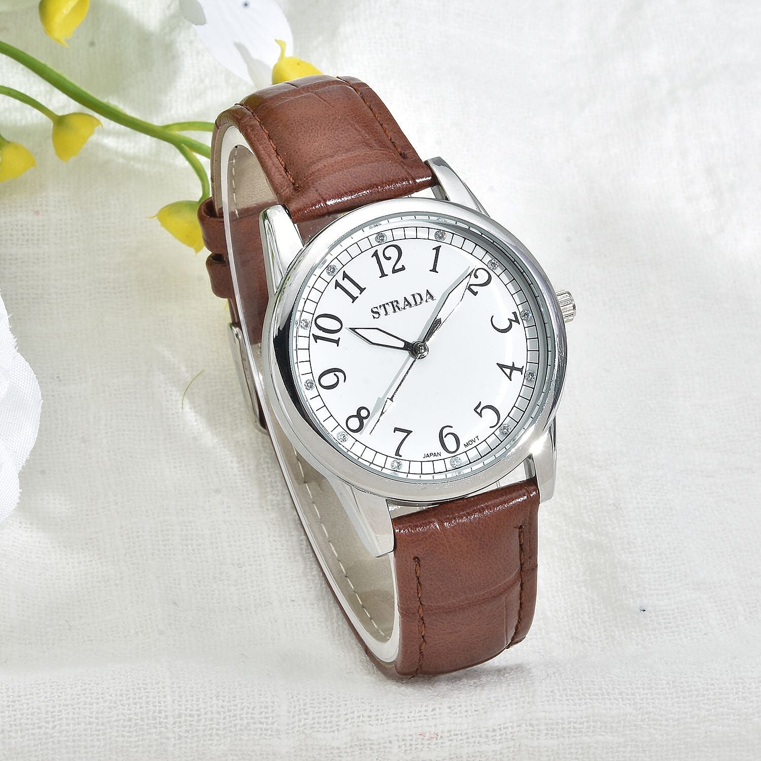 Strada Simulated Diamond Japanese Movement Watch with Brown Faux Leather Strap (36mm) (7.75-9.00Inches)