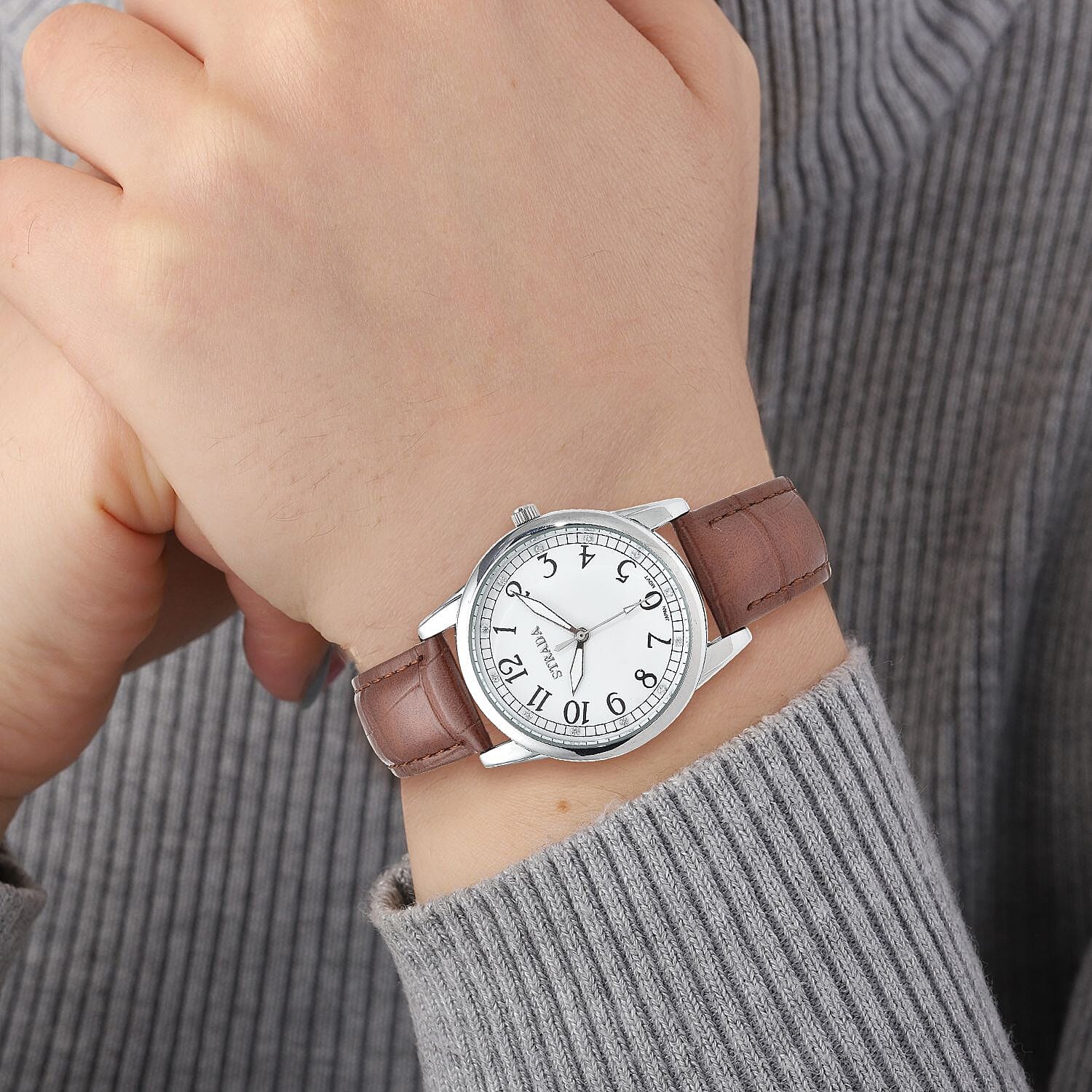 Strada Simulated Diamond Japanese Movement Watch with Brown Faux Leather Strap (36mm) (7.75-9.00Inches)