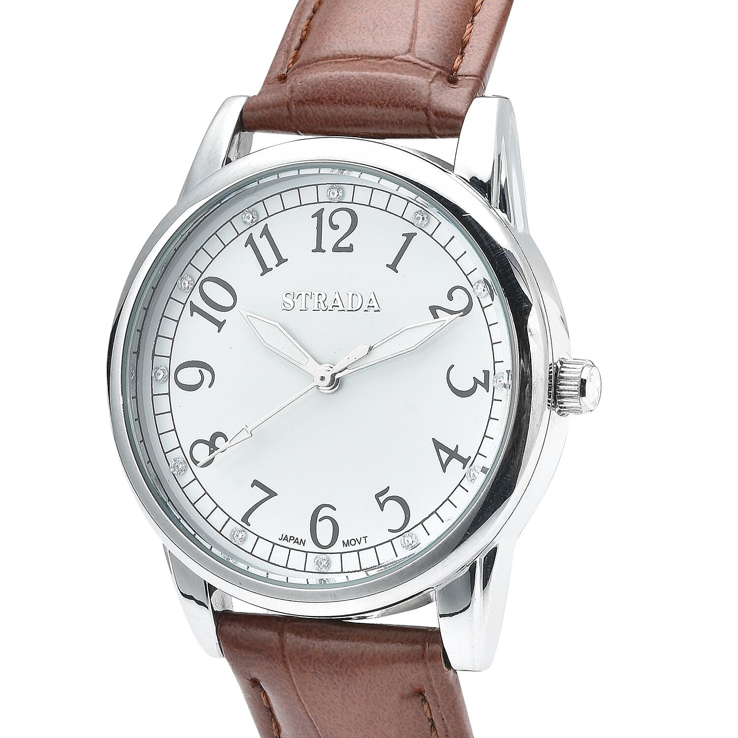 Strada Simulated Diamond Japanese Movement Watch with Brown Faux Leather Strap (36mm) (7.75-9.00Inches)