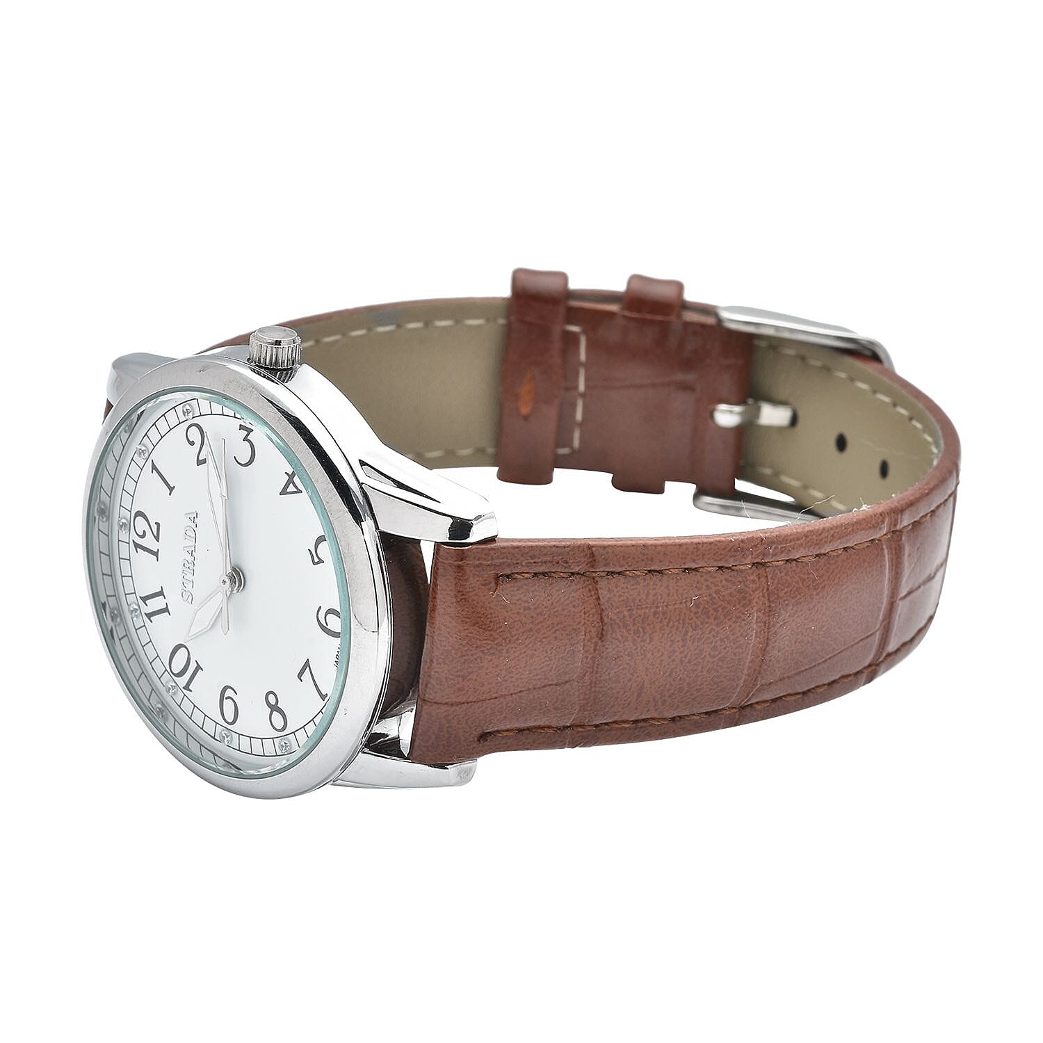 Strada Simulated Diamond Japanese Movement Watch with Brown Faux Leather Strap (36mm) (7.75-9.00Inches)
