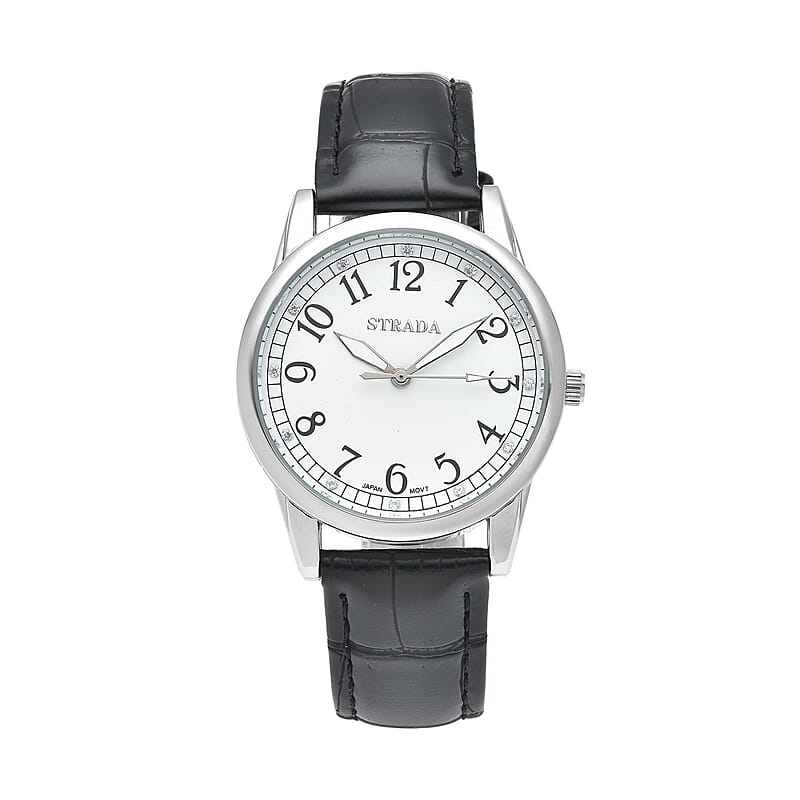 Strada Simulated Diamond Japanese Movement Watch with Black Faux Leather Strap (36mm) (7.75-9.00Inches)