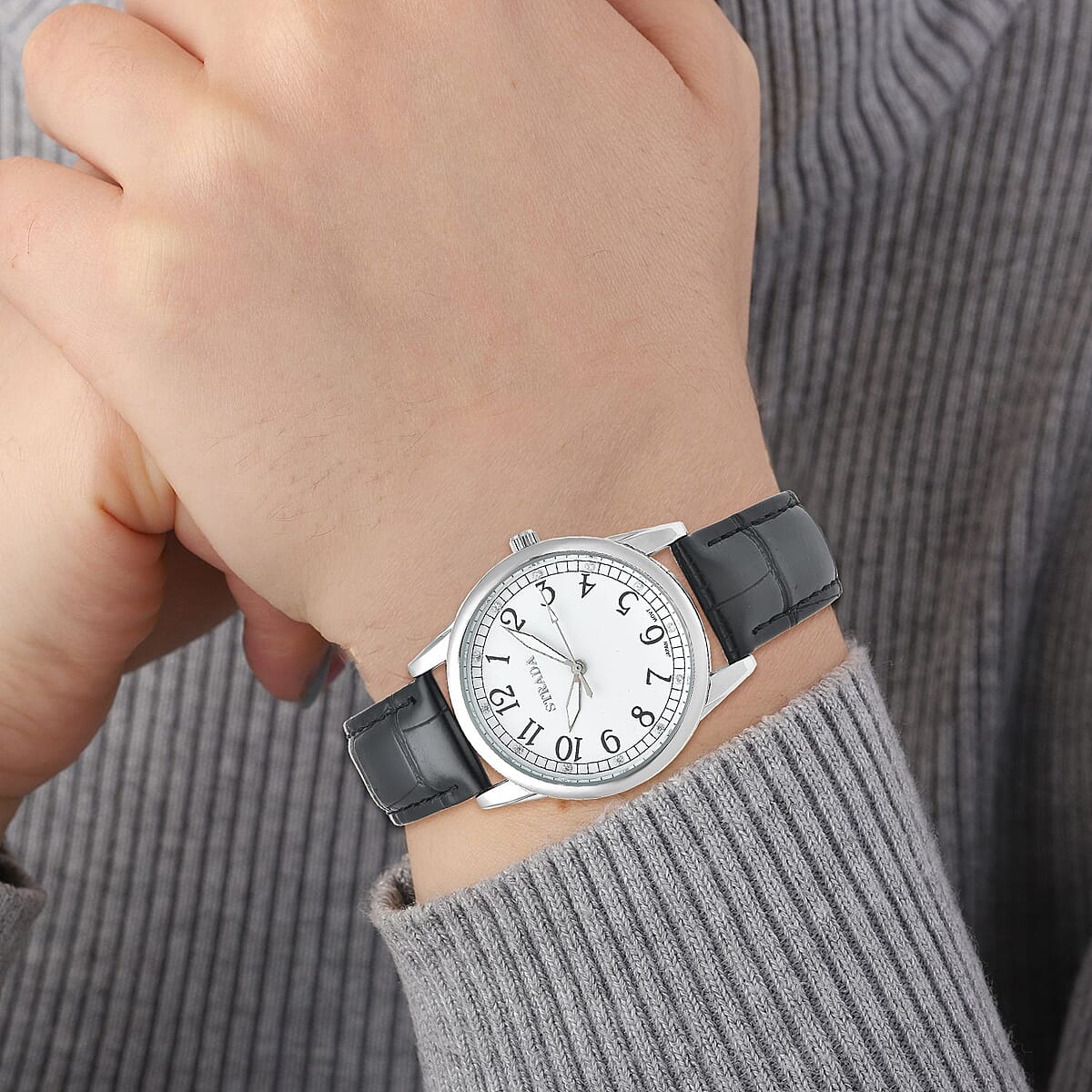 Strada Simulated Diamond Japanese Movement Watch with Black Faux Leather Strap (36mm) (7.75-9.00Inches) image number 1