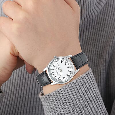 Strada Simulated Diamond Japanese Movement Watch with Black Faux Leather Strap (36mm) (7.75-9.00Inches)