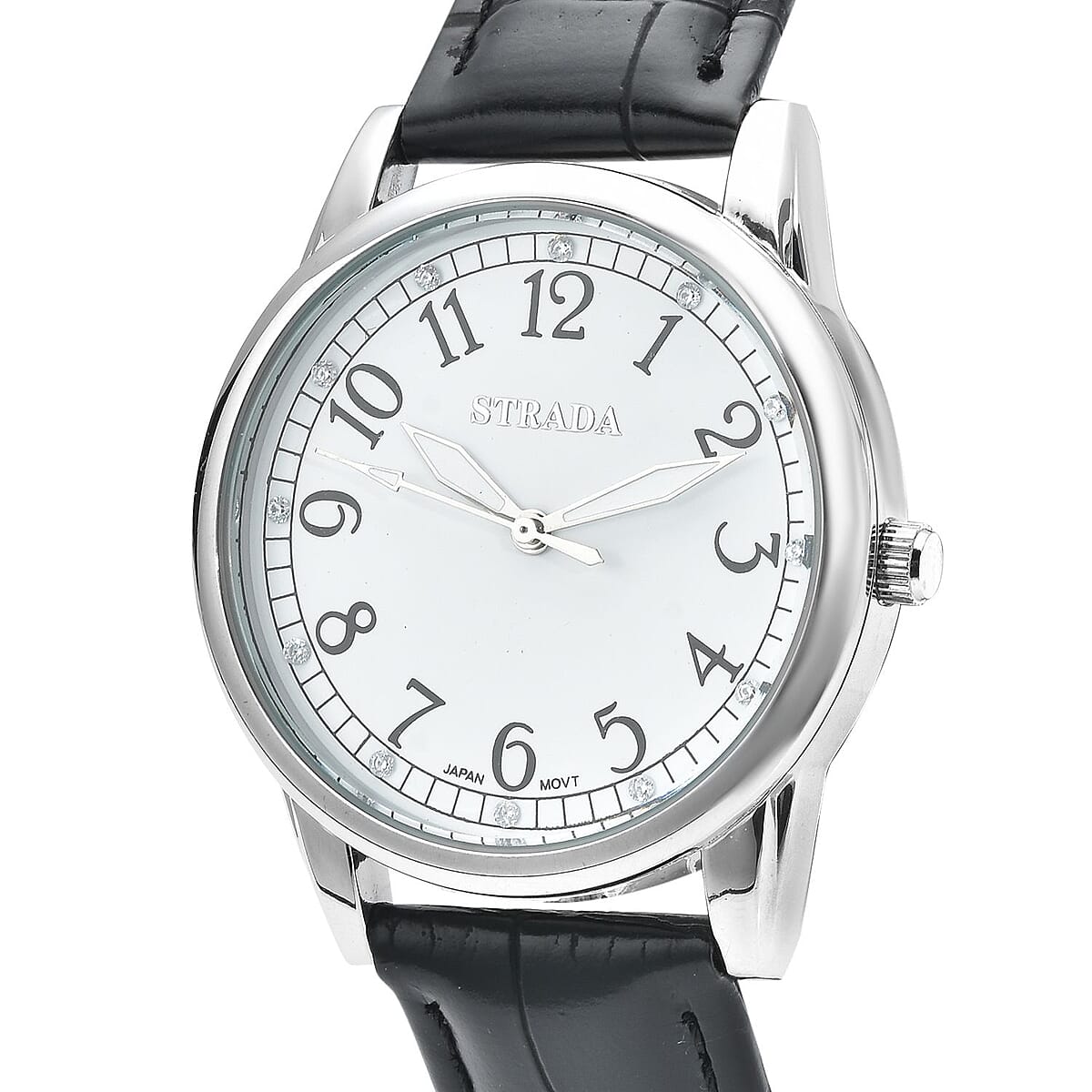 Strada Simulated Diamond Japanese Movement Watch with Black Faux Leather Strap (36mm) (7.75-9.00Inches) image number 2