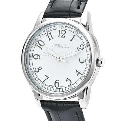 Strada Simulated Diamond Japanese Movement Watch with Black Faux Leather Strap (36mm) (7.75-9.00Inches)